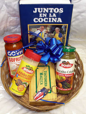 Gift Basket with a Hard Cover Juntos en la Cocina Book, Sofrito goya, Adobo Bohio, Recaito Criollo B Puerto Rico